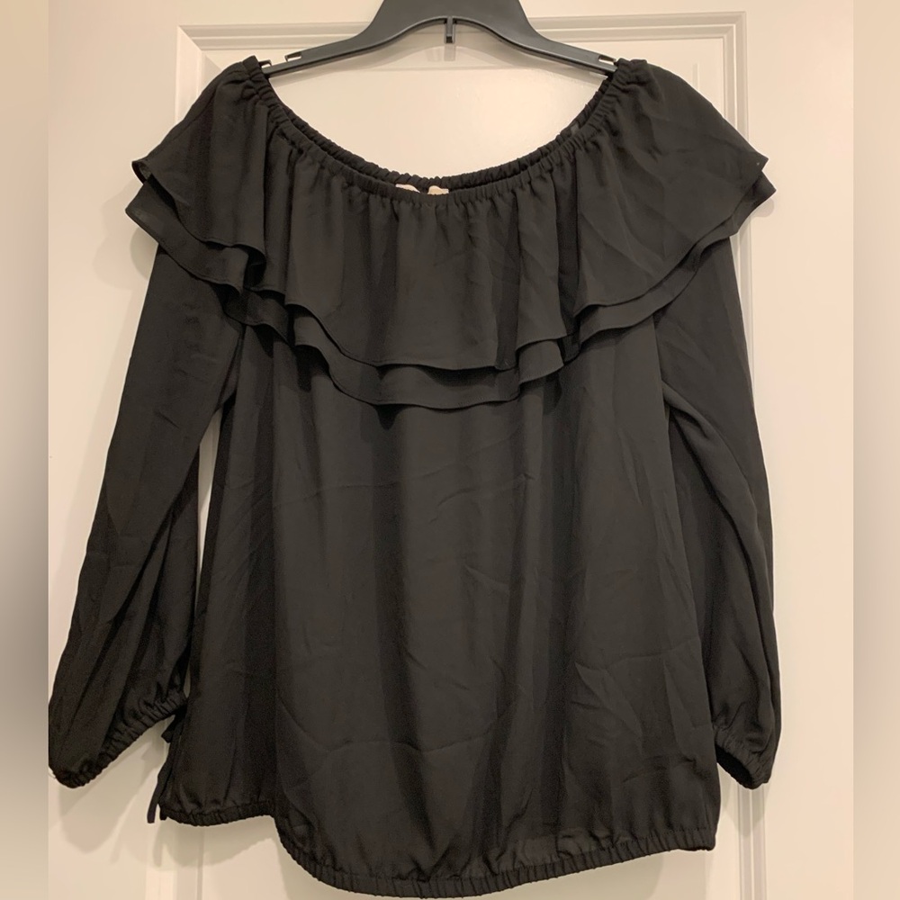 NWT MK: Michael Kors Black Ruffled Off the Shoulder Neckline Blouse